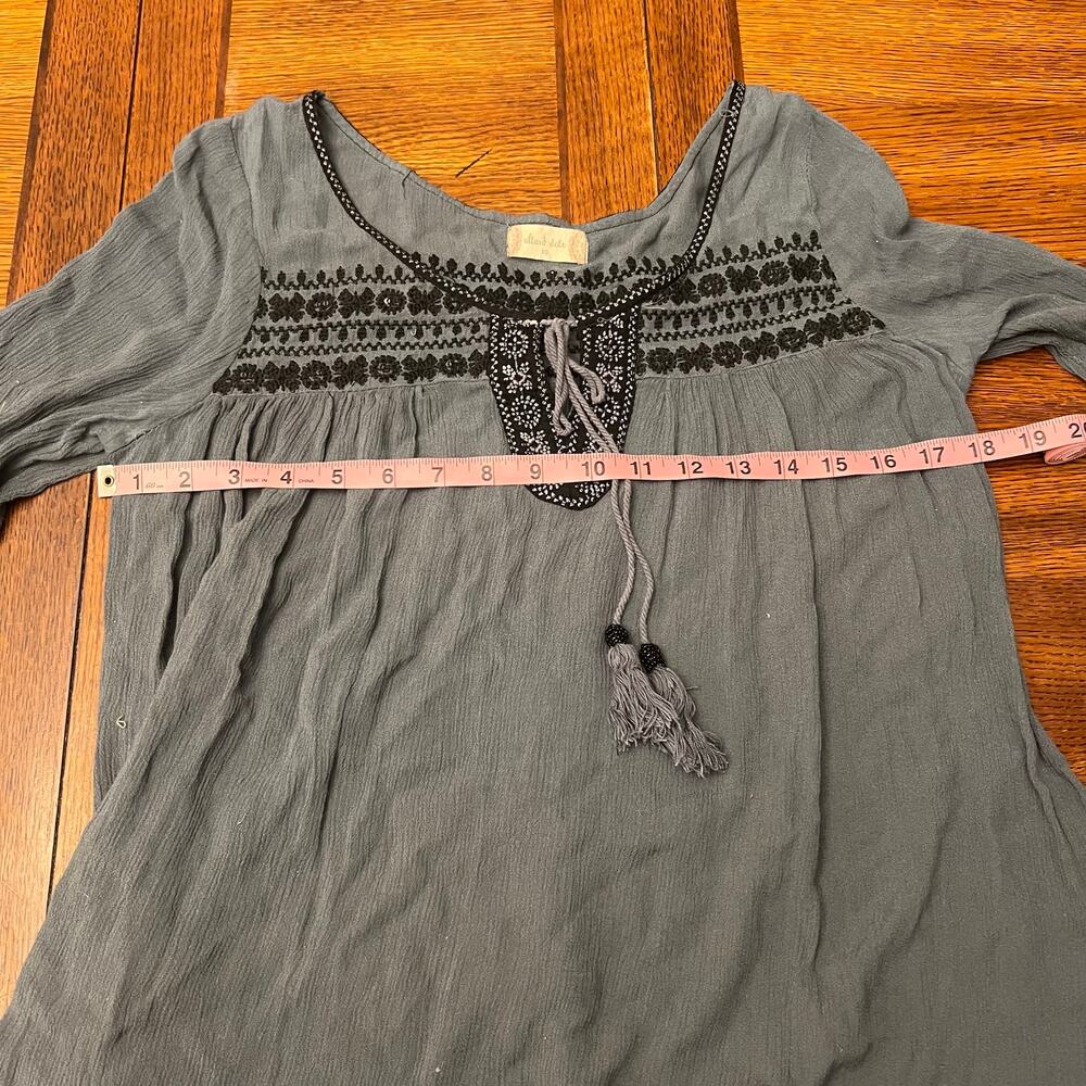 Altar'd State XS Boho Embroidered Peasant Top Long Bell Sleeve Gray Tassel Gauze - Picture 8 of 11